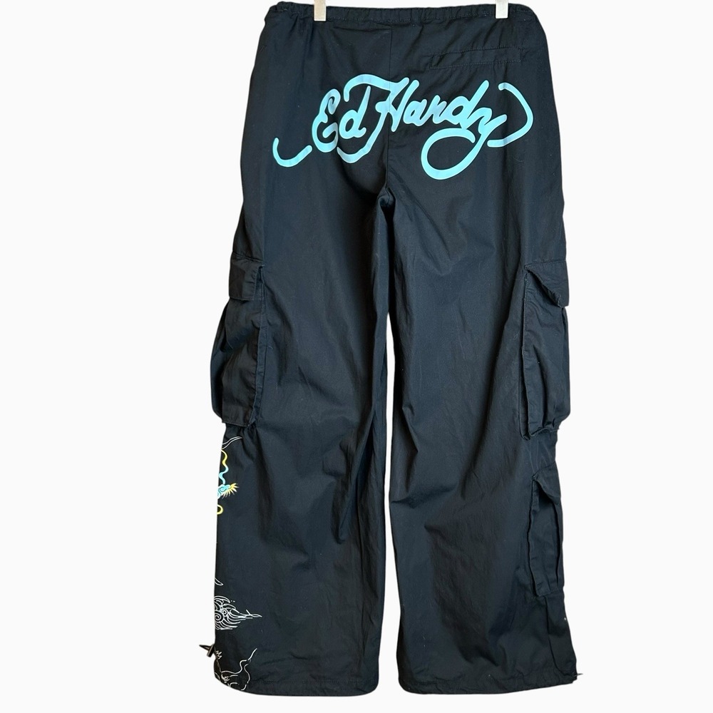 Y2k Ed Hardy Cargo Dragon Baggy Pants Black Size Medium Back Spellout Toggles